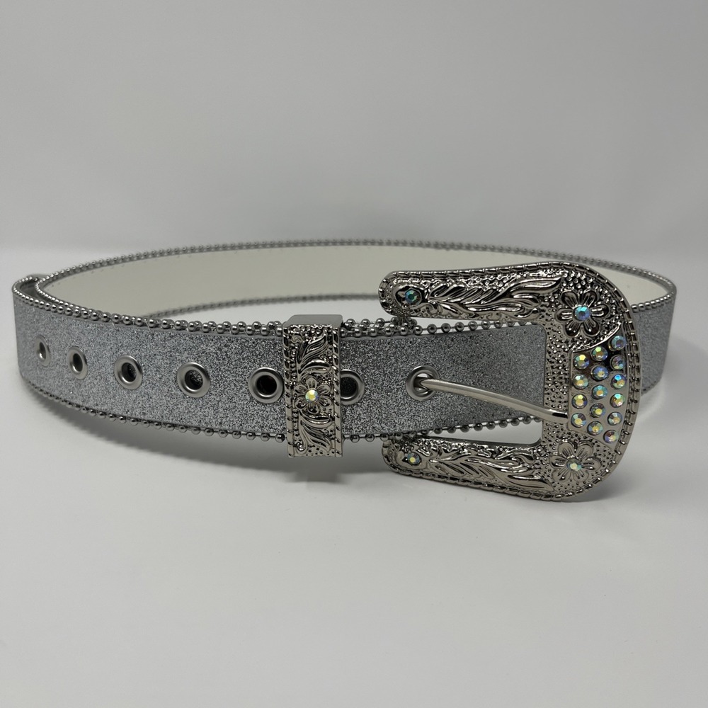 Silver Glitter Rhinestone Belt | Bling Western Cowboy Crystal Buckle - 40 Inches
